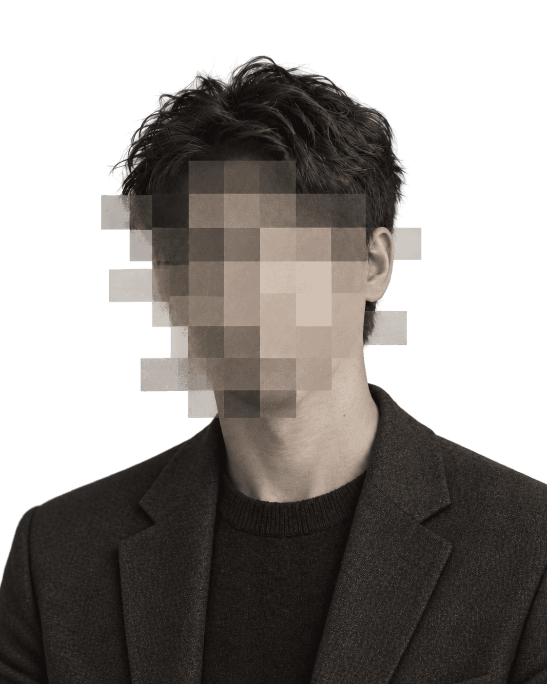 A portrait of the author in a dark blazer, face pixelated.