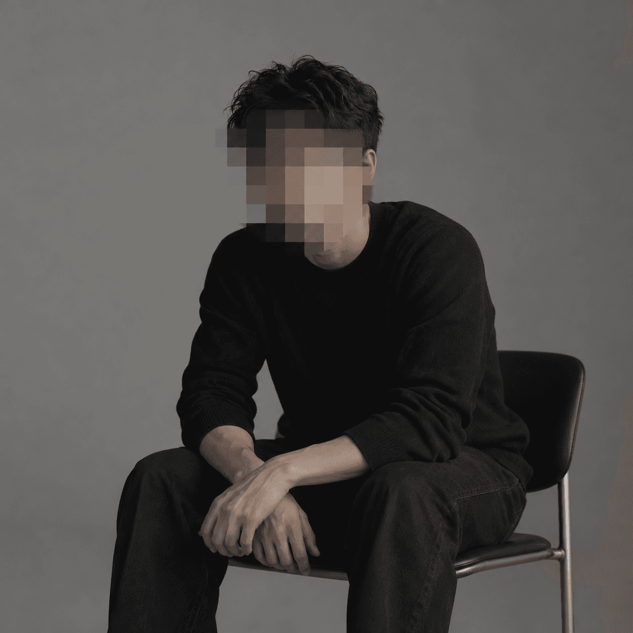 A person in black seated on a chair against a gray background, with their face pixelated.